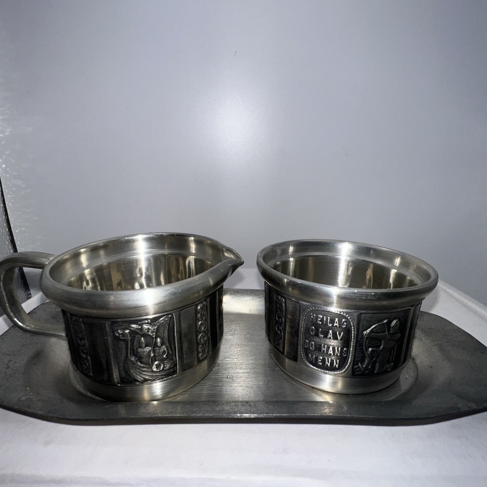 VTG Konge Tinn Norwegian Pewter Creamer Sugar Set Tray Hardanger Viking Norway
